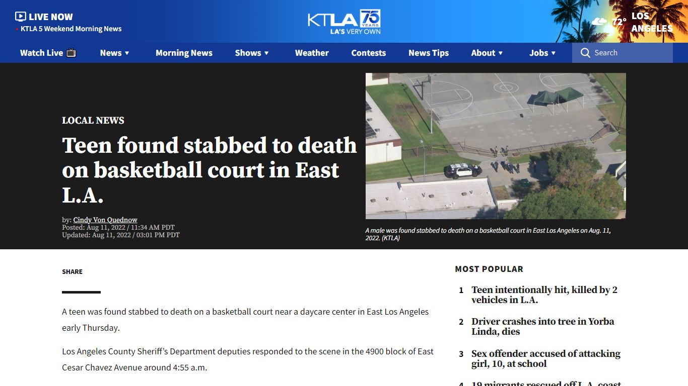 Teen found stabbed to death on basketball court in East L.A.